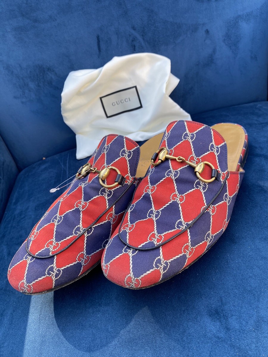 GUCCI Royal Bluett Red/Blu Guicci Logo Rhombus Chain Mule