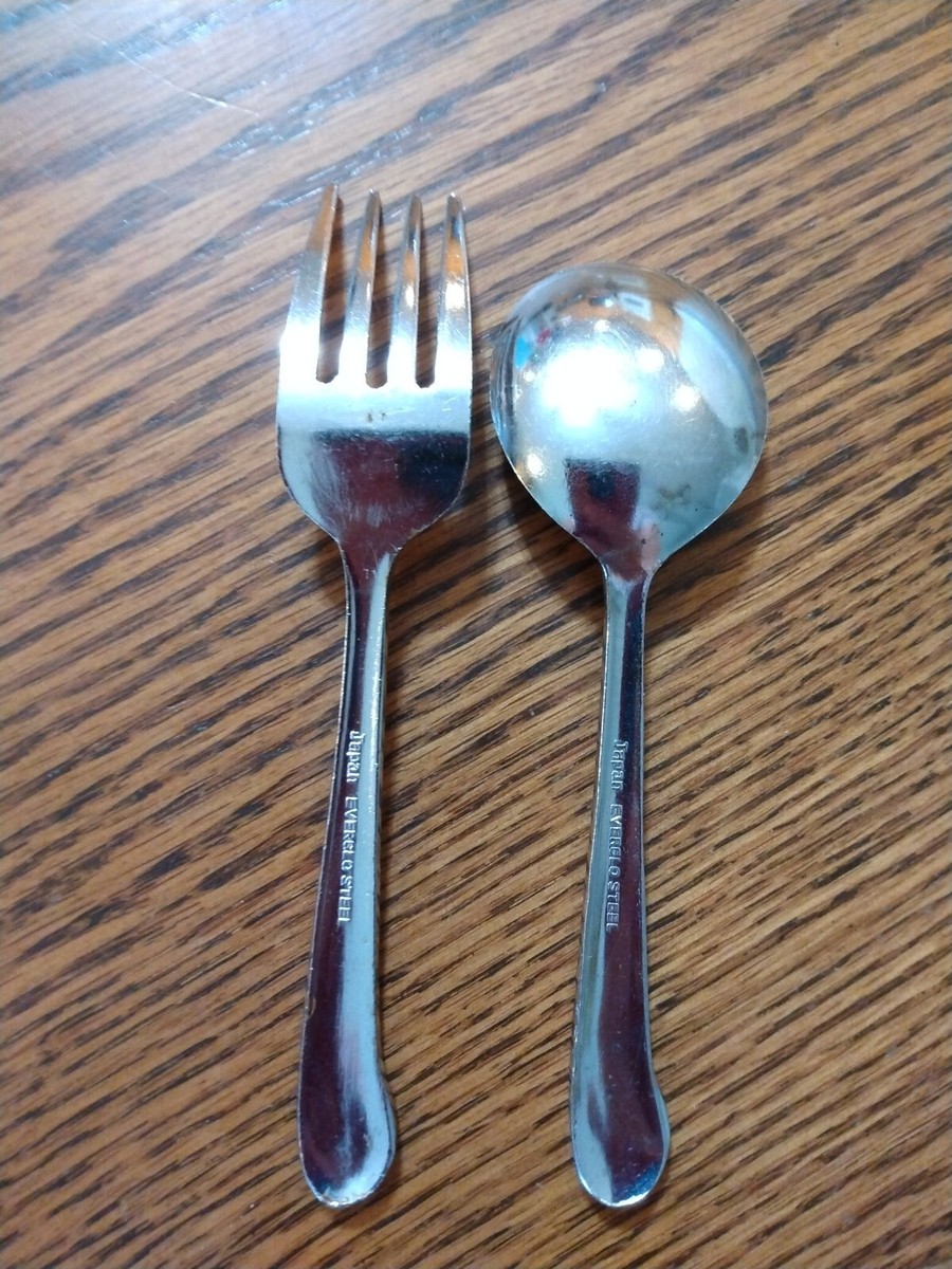 Set of 2 Vintage Everglo Stainless Steel Japan Baby Spoon & Fork
