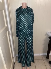 Vintage Polka Dot Pantsuit 1970s Bell Bottoms Jumpsuit 70s Green Shirt Top S / M
