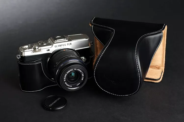 Real Leather Full Camera Case Bag Cover for Olympus EP5 E P5 14 42mm Lens Black