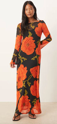 Never Fully Dressed long sleeve mesh maxi dress in poppy print 8