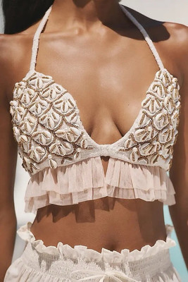 Anthropologie Shell and Pearl Embellished Crop Halter Tie Top One Size NWT