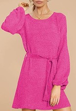WOMEN'S 2024 FALL WINTER ELEGANT CHENILLE SWEATER DRESS MOCK NECK - HOT PINK