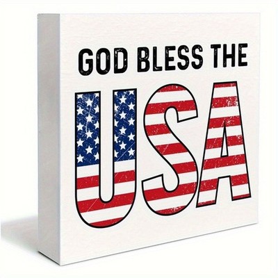God Bless The USA Wooden Box Sign Rustic 4th of July Patriotic Decoration Gift