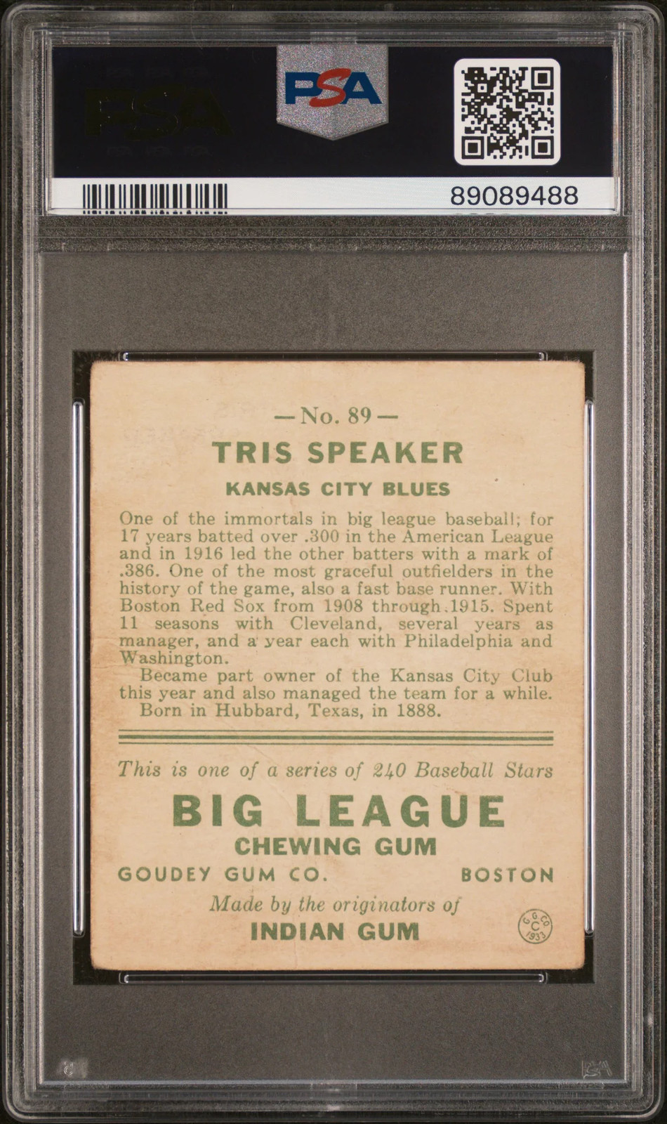 1933 Goudey Tris Speaker #89 PSA 2 view 2