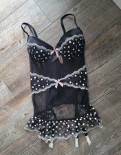 VICTORIA S SECRET Black Bustier Corset Polka Dots Garters NWT Size 36D Underwire