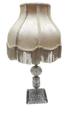 Vtg Floral Crystal Boudoir Vanity Table Lamp Cream Fringe Shade Art Deco 40s