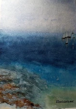 Seascape with sailboats in the distance, fog, reflection, clear sea water gift