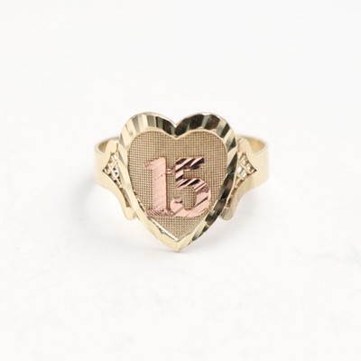Solid 10K Gold Heart Quinceanera 15th Birthday Ring Yellow Rose Gold All Sizes