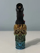 Smokezilla 4” XXL 3D Refillable Skull Torch Gun Lighter Lockable - Gold & Blue