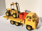 Tonka Vintage Yellow Flatbed Truck with Forklift Model and Red Bin