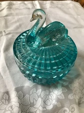 Vintage Jeanette Glass Swan Candy Dish w/ Lid Blue