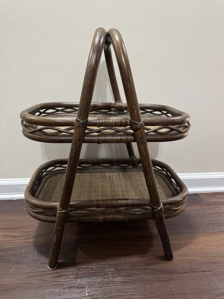 Vintage Mid Century Modern Boho Bamboo Wicker Rattan 2-Tier Bar Serving Trays