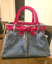Vtg Rit Z Rag Denim Bandana Handbag Upcycled Jeans Purse Pink Handles 80s 90s