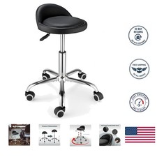 Elegant Black Rolling Stool - Comfortable Height Adjustable Chair with Backrest