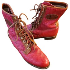 Justin Womens Red Leather Roper Boots Size 7C Vintage Lace-Up Western Style