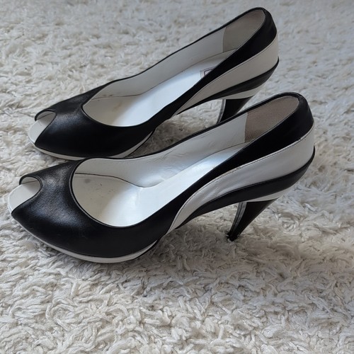 Renata High Heel Shoes Peep Toe Made In Italy EU41 UK8 Vtg Black White - Picture 5 of 9