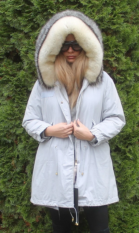 100% Real Ranch Arctic Fox Fur Parka Hood Coat Outwear Fashion Grey S - Image 2 of 4