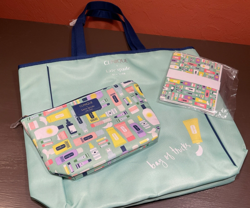 Clinique x Kate Spade Green Shopping Shoulder Large Tote,Makeup Bag, Notecards