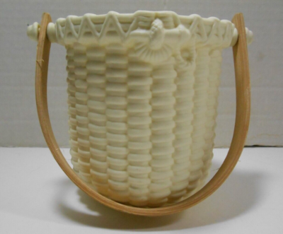 PARTYLITE Ceramic Woven Basket Candle Holder w/Bamboo Handle 4.25" No Lid  512