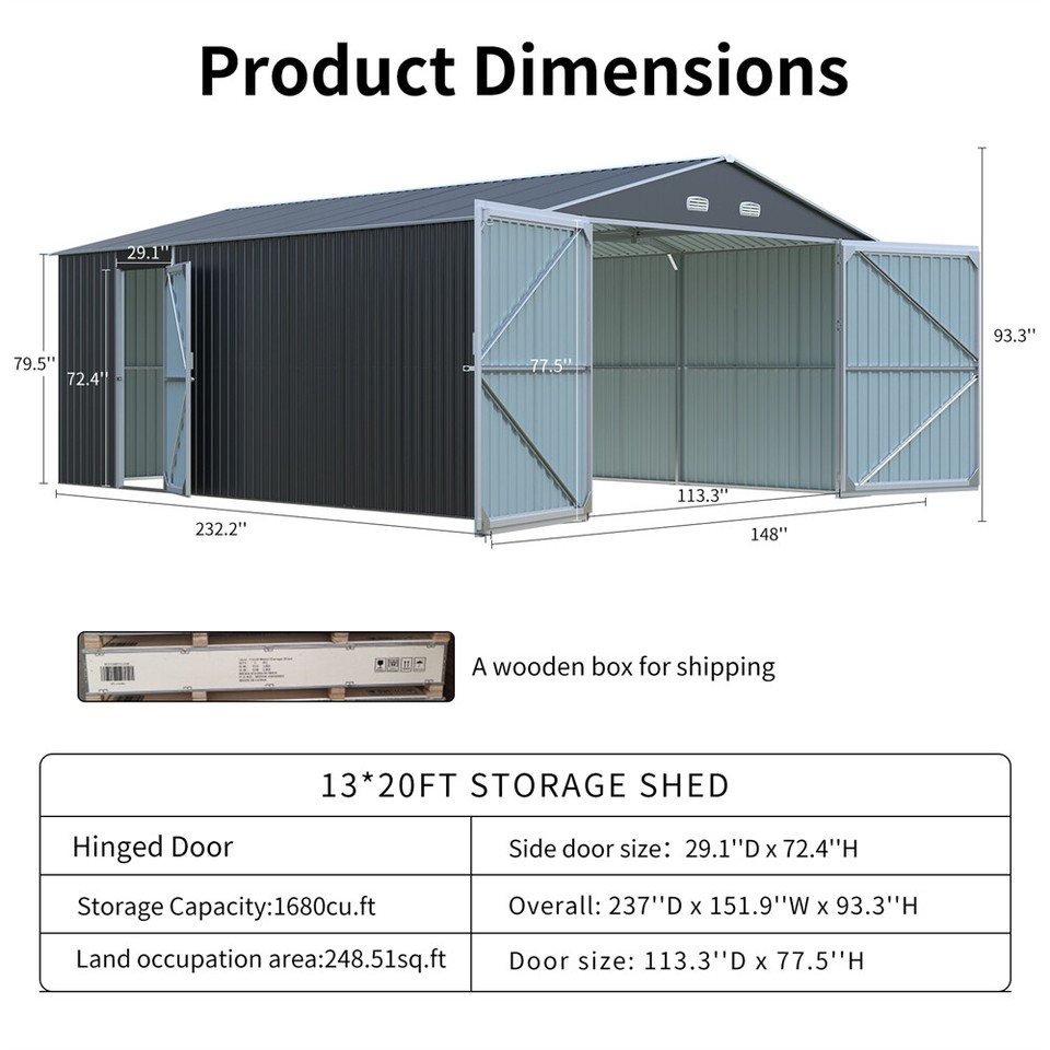 Outdoor Storage Shed 13x20FT Large Storage Shed w/1 Window 2 Doors and