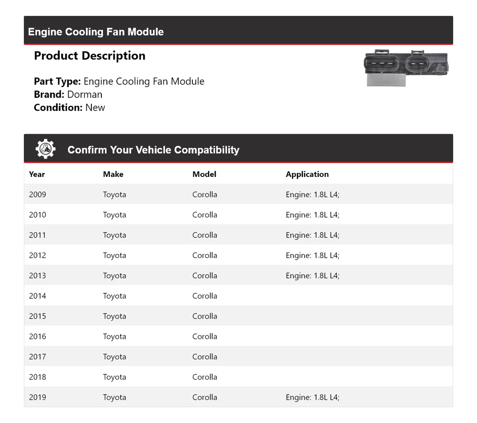 Módulo de ventilador de refrigeración del motor Toyota Corolla Dorman 2009-2019 2010 2011 2012 Foto 2 de 4