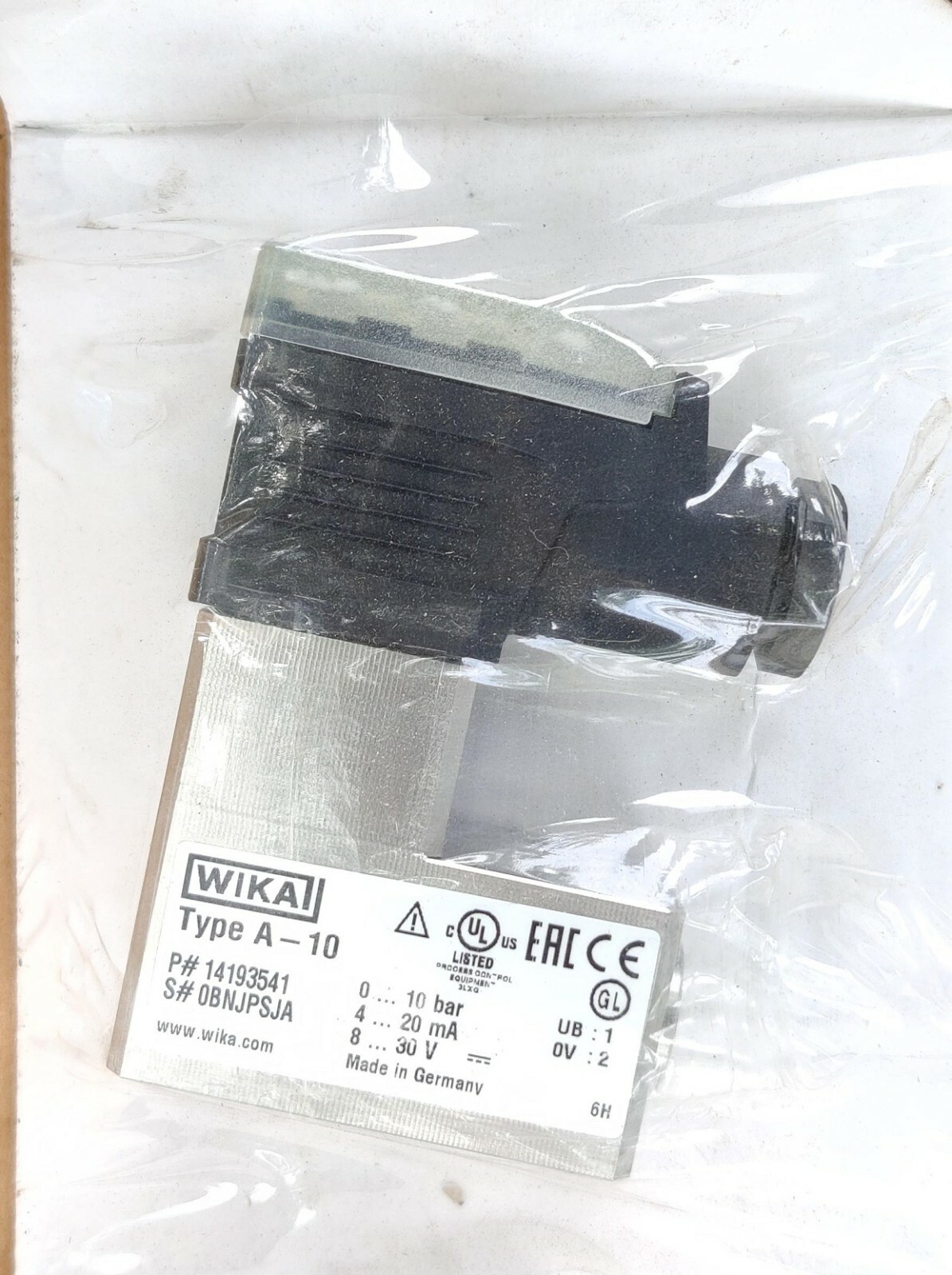 WIKA MODEL A10 PRESSURE TRANSMITTER VALVE 0. TO 10 BAR CAPACITY 4.20MA