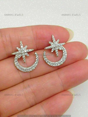 Moon & Star Shape Stud Earrings 1.5ct Round Cut Moissanite 14K White Gold Plated