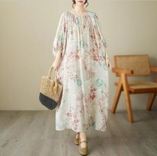 Womens Fashion Summer dolman Sleeve Cotton Linen Printed Dress BOHO Beach Maxi