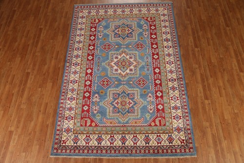 Geometric Kazak 7x10 Light Blue Area Rug Wool Hand-knotted - Picture 2 of 12