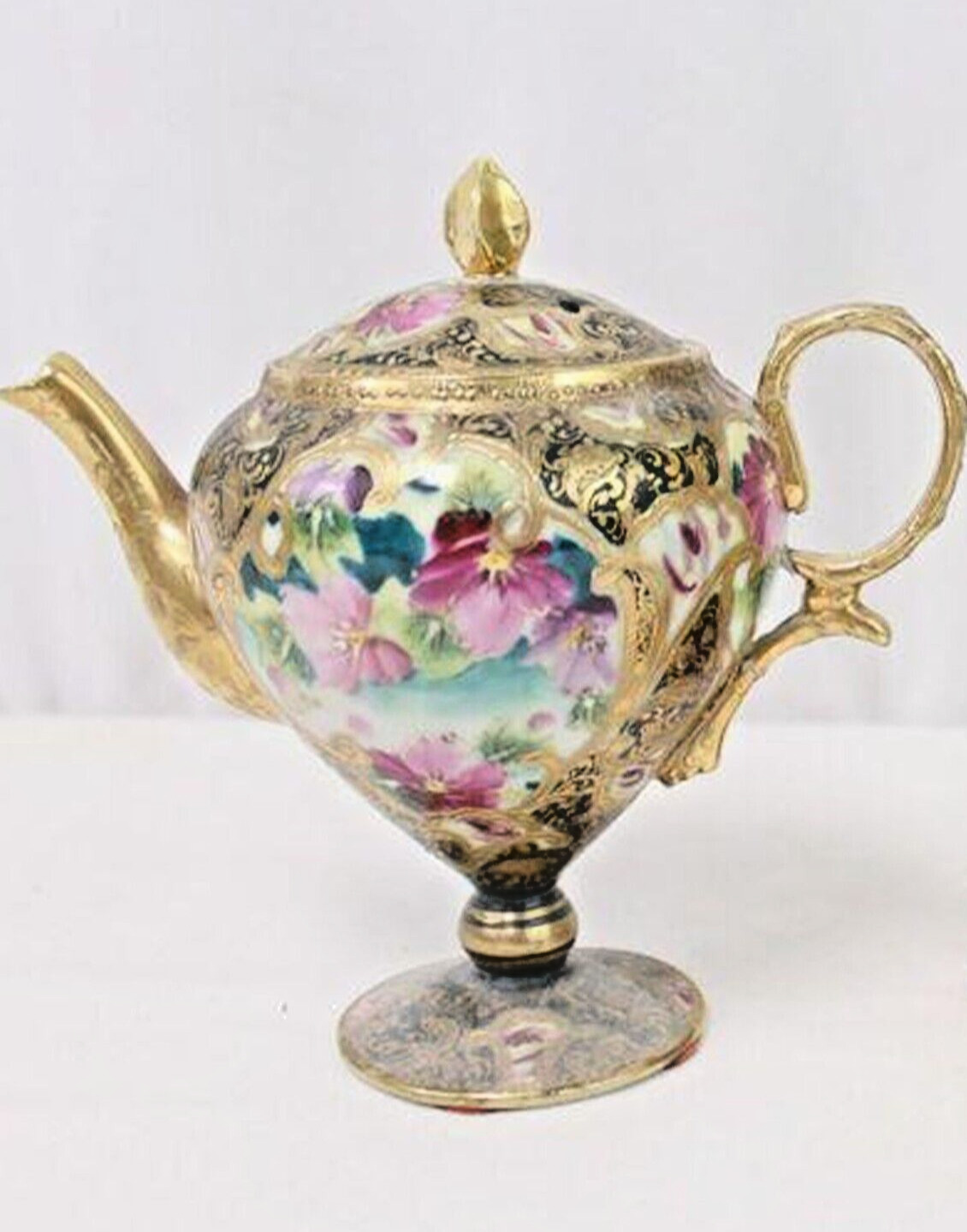 Antique Nippon Pedestal Teapot Cobalt Hand Painted Flowers Pansy Encrusted Gilt