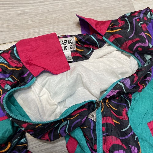 Vintage Casual Isle Geometric 80s Windbreaker Teal Purple Full Zip Size Medium - Bild 9 von 9