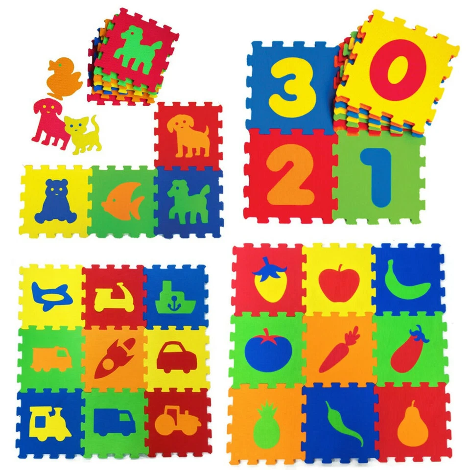SIVA Puzzlematte Kinder Zahlen Tiere Fahrzeuge Obst Gemüse Bodenpuzzle 9x 33x33 cm