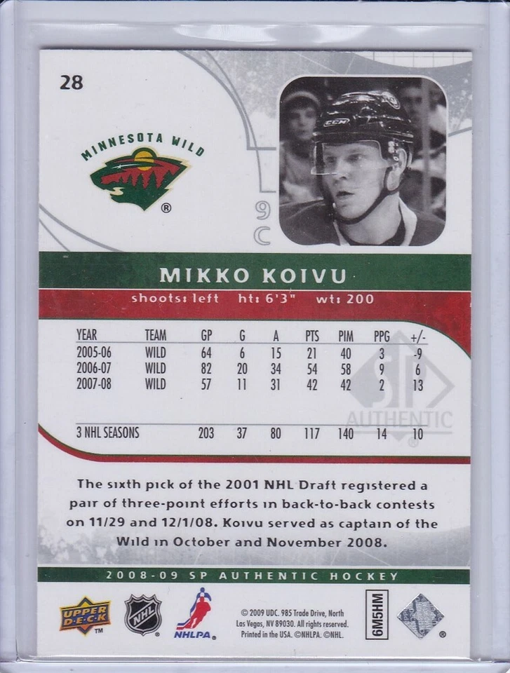 Mikko Koivu 2008 SP Authentic Hockey Card 28 - Image 2 of 2