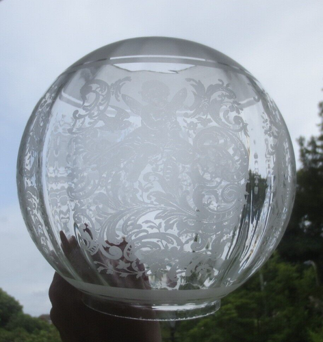 SUPERB DELICATE ORIGINAL ANTIQUE CHERUB RIBBED ACID ETCHED DUPLEX OIL LAMP SHADE - Picture 14 of 15