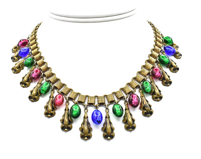 Antique Jewel Tone Poured Glass Beads Book Chain Vintage Bib Necklace Haskell