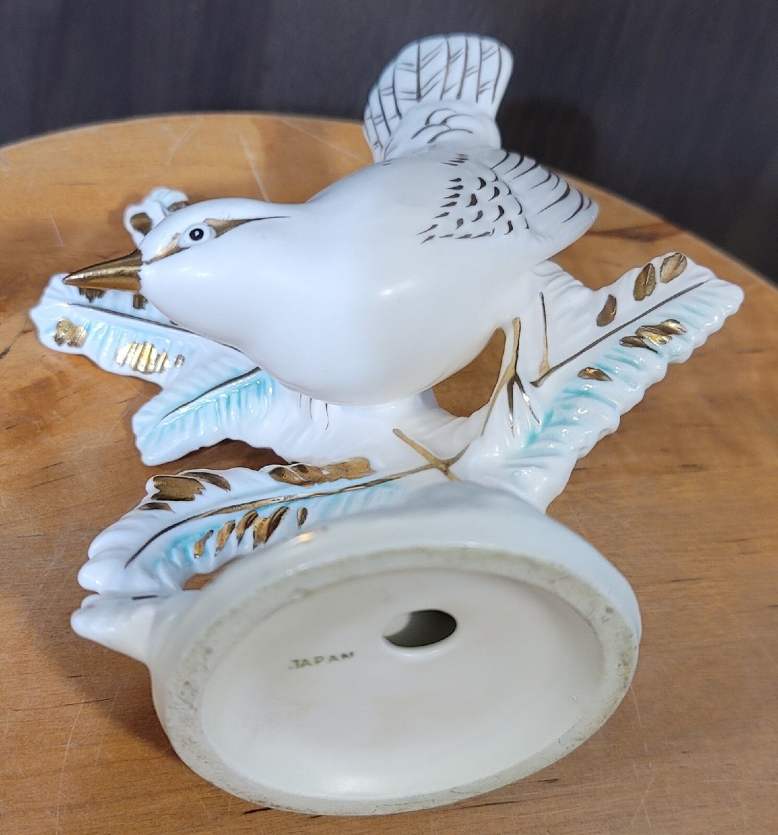 Vintage Ceramic Elegant Bird White With Gold Trim And Blue Accents