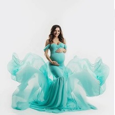 Maternity Photo Shoot Dress Gown Off Shoulder Maxi Photography Mint Green M-L-XL