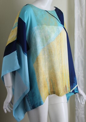 Chico's Sz S M 0 1 BEAUTIFUL Blue Yellow Modernist Poncho Kaftan Tunic Top Luxe