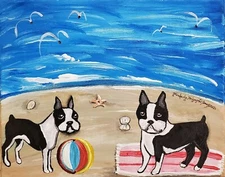 ACEO PRINT BOSTON TERRIER on the BEACH Dog Art Card 2.5 X 3.5 Signed by Artist