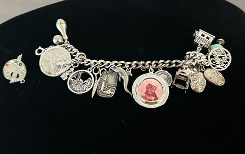 Vintage Sterling Silver Loaded Charm Bracelet 7" Travel School Bowling 57 grams
