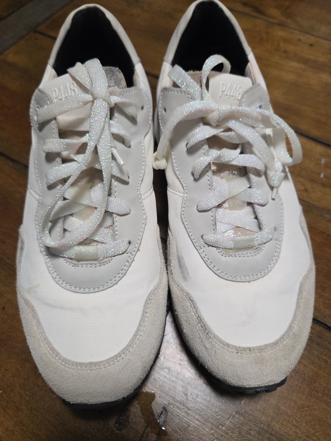 P448 Cancun White Beige Suede Low Top Sneakers Womens Size 39 US 8.5 9 Sparkle image 4