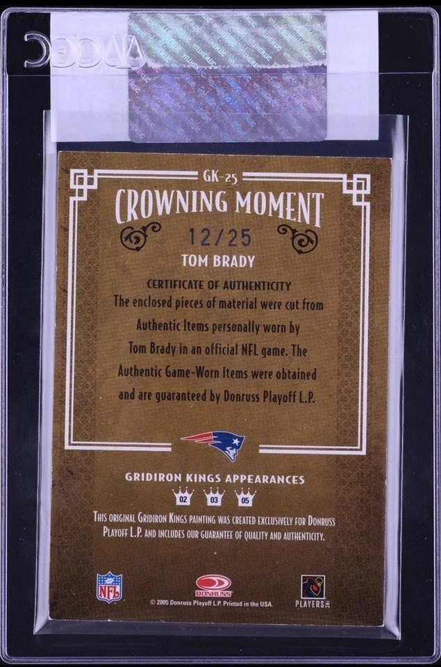 2005 Donruss #GK25 Tom Brady 12/25 Dual Material Prime Game-Worn LOGO-PATCH SP - Image 2 of 2