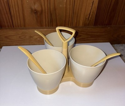 VINTAGE Tupperware Condiment Caddy Server with Spoons Almond & Yellow - Retro