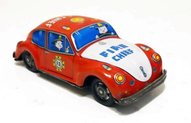 Vintage Tin Litho Volkswagen Beetle "Fire Chief" Friction Toy Car, Made in Japan