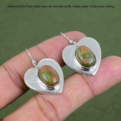 Sterling Silver Unakite Gemstone Heart Daughter New Dangle Drop Earrings Jewelry