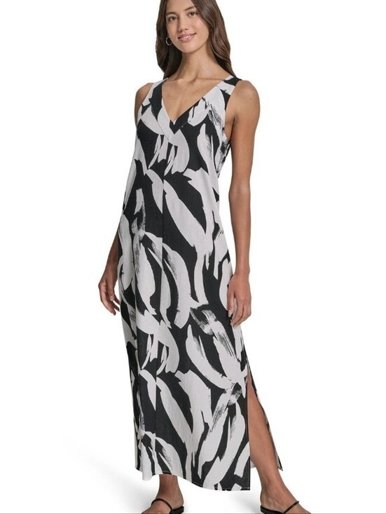 DKNY Linen Maxi Dress Small New Black White Multi Abstract Print Women's