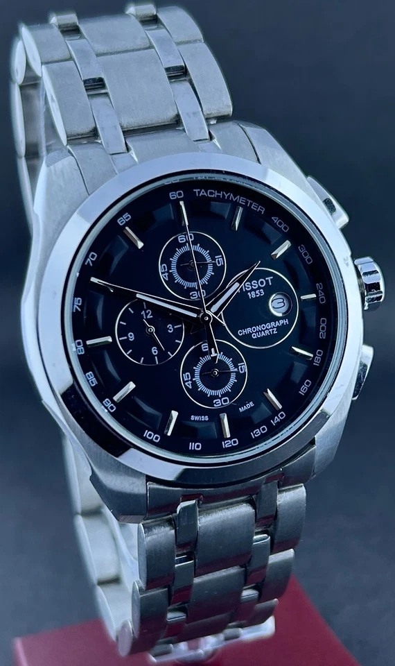 Reloj pulsera vintage para hombre Tissot 1853 cuarzo esfera negra cronógrafo fecha funcionando Foto 2 de 4