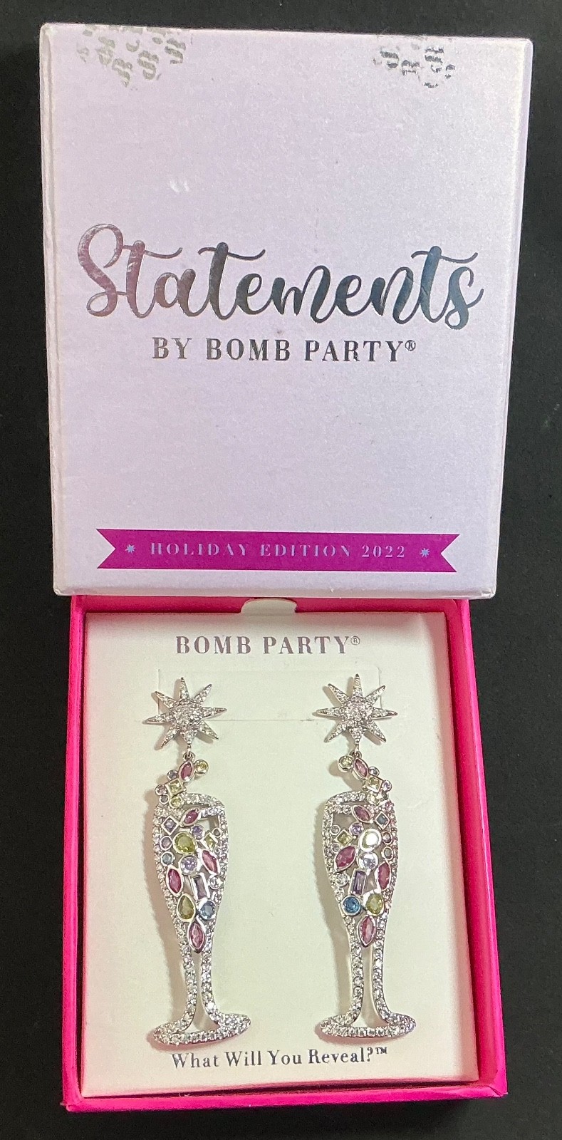Bomb Party Statements Earrings “Cheers to the New Year” RBP5576 Rhodium