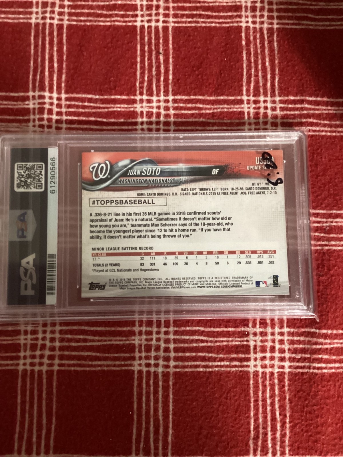 Topps 2018 Update Juan Soto RC sp PSA 8 - Washington Nationals view 2